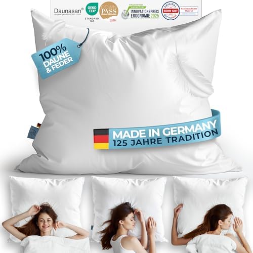 Glückstoff® Daunenkissen 80x80 - Ergonomisches 3 Kammer Kissen für besten Schlafkomfort - Made in Germany