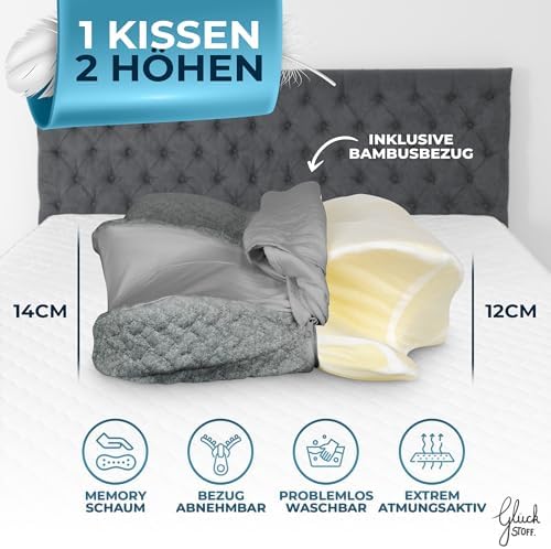 Glückstoff® Ergonomisches Nackenstützkissen aus Memory Foam für Seitenschläfer | Zertifiziertes Kopfkissen gegen Nackens