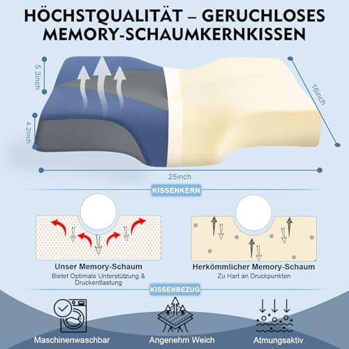 Orthopädisches Memory Foam Kopfkissen – Ergonomisches Nackenstützkissen für schmerzfreies Schlafen mit kühlendem, waschb