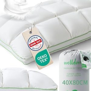 Welldora Premium Kopfkissen 40x80 | 100% Daunen & Federn | Ergonomisches Puffwolken-Design für besten Schlafkomfort | Oe