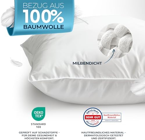Glückstoff® Daunenkissen 80x80 - Ergonomisches 3 Kammer Kissen für besten Schlafkomfort - Made in Germany