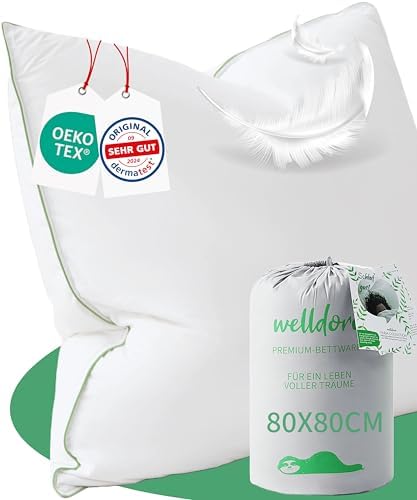 Welldora Premium Kopfkissen 80x80 | Ergonomisches Nackenstützkissen aus 100% natürlichen Daunen | Oeko-Tex zertifiziert