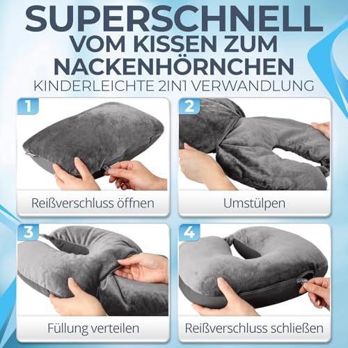 Ergonomisches Reisekissen von Markenname – 2in1 Nackenkissen für Flugzeug und Camping, 37x27 cm, grau mit Mikroperlen