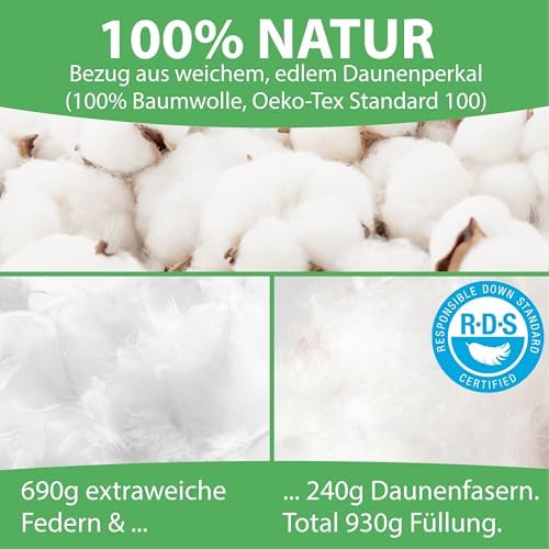Welldora Premium Kopfkissen 80x80 | Ergonomisches Nackenstützkissen aus 100% natürlichen Daunen | Oeko-Tex zertifiziert