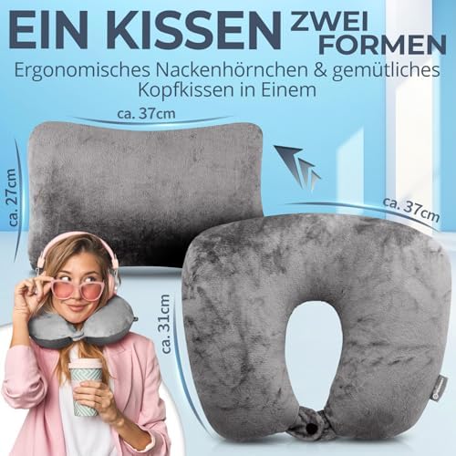 Ergonomisches Reisekissen von Markenname – 2in1 Nackenkissen für Flugzeug und Camping, 37x27 cm, grau mit Mikroperlen