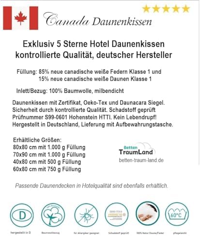 Canada Daunenkissen 80x80 cm – 5 Sterne Hotel Kissen mit 85% Federn für besten Schlafkomfort