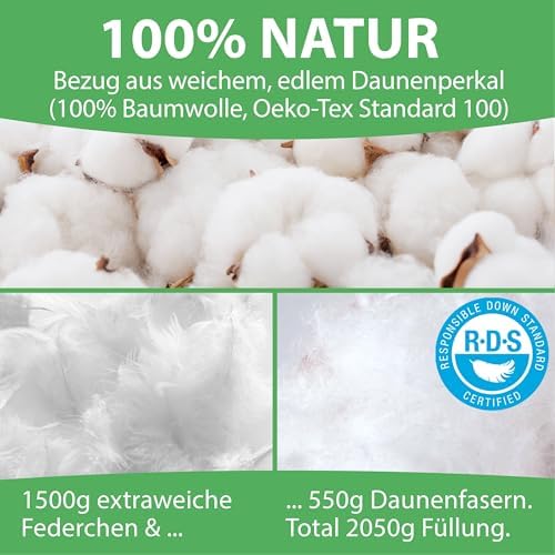 Welldora Premium Kopfkissen 80x80 | Ergonomisches Nackenstützkissen aus 100% natürlichen Daunen | Oeko-Tex zertifiziert