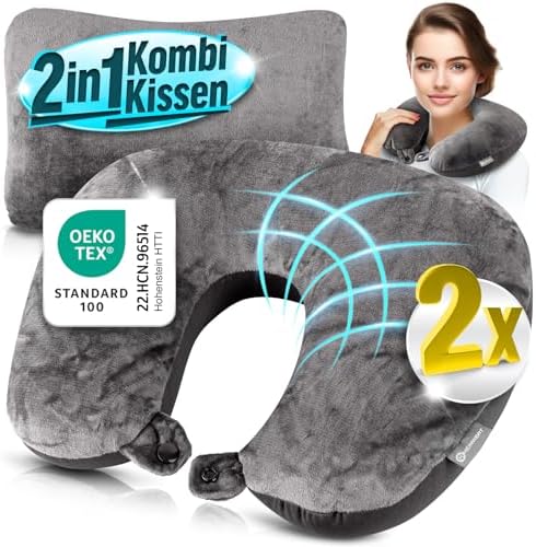 Ergonomisches Reisekissen von Markenname – 2in1 Nackenkissen für Flugzeug und Camping, 37x27 cm, grau mit Mikroperlen