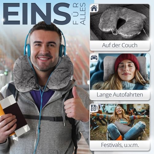 Ergonomisches Reisekissen von Markenname – 2in1 Nackenkissen für Flugzeug und Camping, 37x27 cm, grau mit Mikroperlen