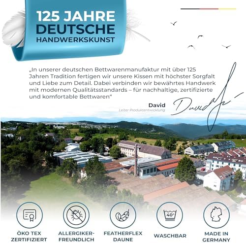 Glückstoff® Daunenkissen 80x80 - Ergonomisches 3 Kammer Kissen für besten Schlafkomfort - Made in Germany