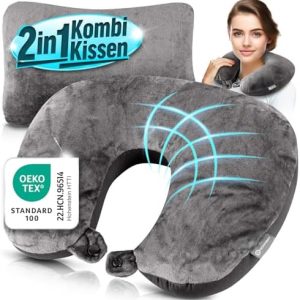 Ergonomisches Reisekissen von Markenname – 2in1 Nackenkissen für Flugzeug und Camping, 37x27 cm, grau mit Mikroperlen