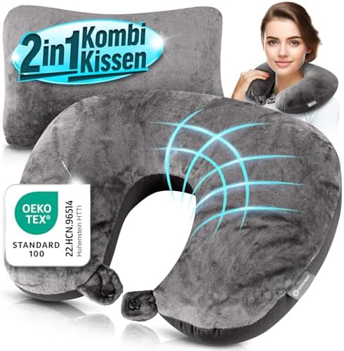 Ergonomisches Reisekissen von Markenname – 2in1 Nackenkissen für Flugzeug und Camping, 37x27 cm, grau mit Mikroperlen