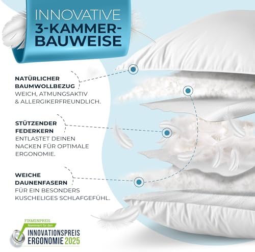 Glückstoff® Daunenkissen 80x80 - Ergonomisches 3 Kammer Kissen für besten Schlafkomfort - Made in Germany